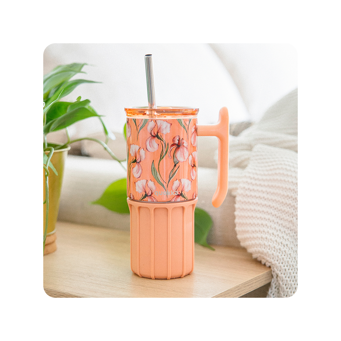 QUOKKA TAZA TERMO ACERO INOXIDABLE CON BASE DE SILICONA UMI FLORAL CORAL 720 ML