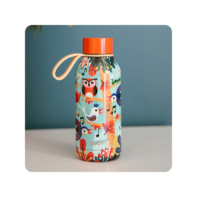 QUOKKA KIDS BOTELLA TERMO ACERO INOXIDABLE SOLID CON COLGADOR GROVE BIRDS 330 ML