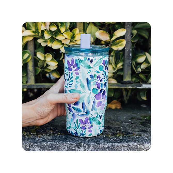 QUOKKA VASO TERMO ACERO INOXIDABLE CON PAJITA MIST VIOLET BLOOMS 720 ML