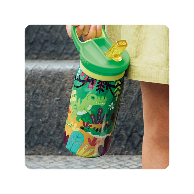 QUOKKA KIDS BOTELLA TERMO ACERO INOXIDABLE CON SIPPER POP DINOSAURS JUNGLE 445 ML