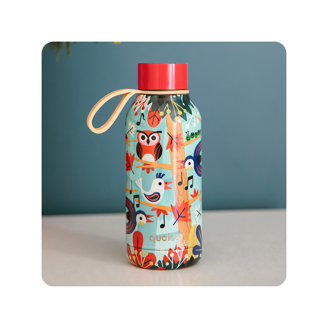 QUOKKA KIDS BOTELLA TERMO ACERO INOXIDABLE SOLID CON COLGADOR GROVE BIRDS 330 ML