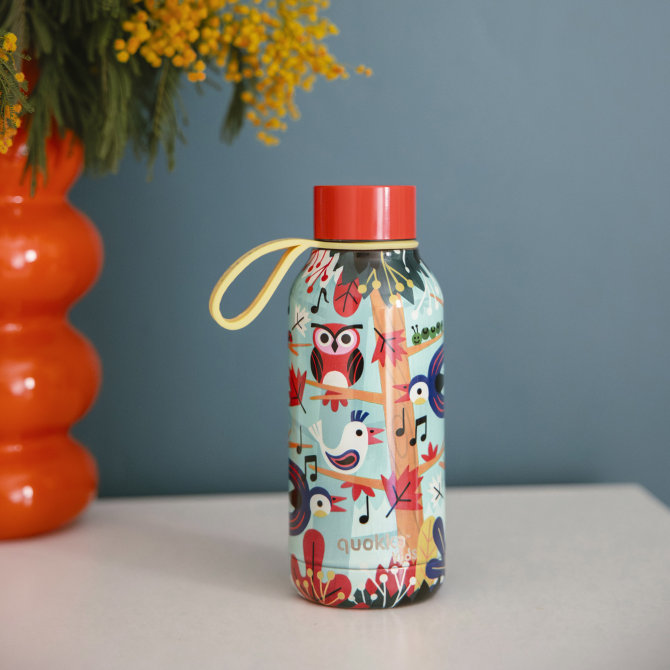 QUOKKA KIDS BOTELLA TERMO ACERO INOXIDABLE SOLID CON COLGADOR GROVE BIRDS 330 ML